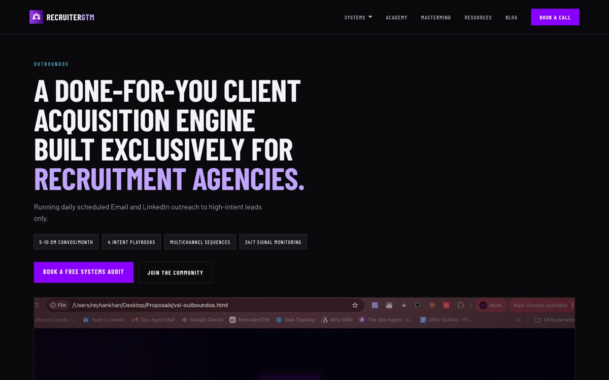 New OutboundOS page: left-aligned condensed headline, square tags, flat ground.