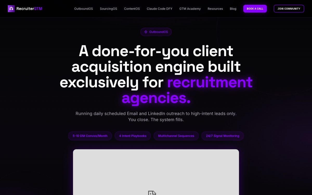Old OutboundOS page: centred headline, rounded pill tags, heavy purple glow.