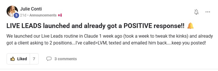 Julie Conti: live leads launched with a positive client response for two positions