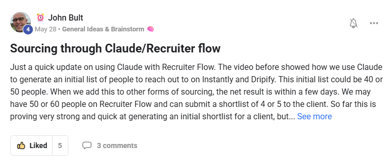 John Bult: sourcing through Claude and RecruiterFlow, client shortlist within days