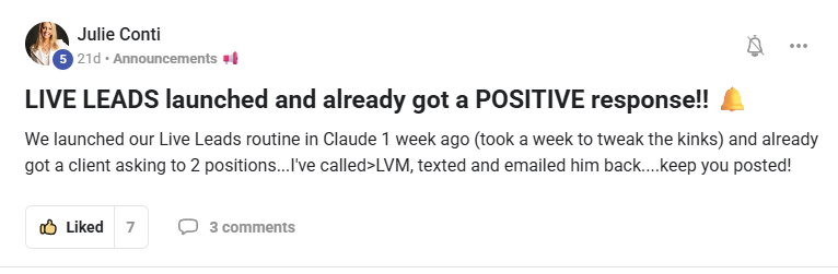 Julie Conti: live leads launched and already got a positive client response for two positions
