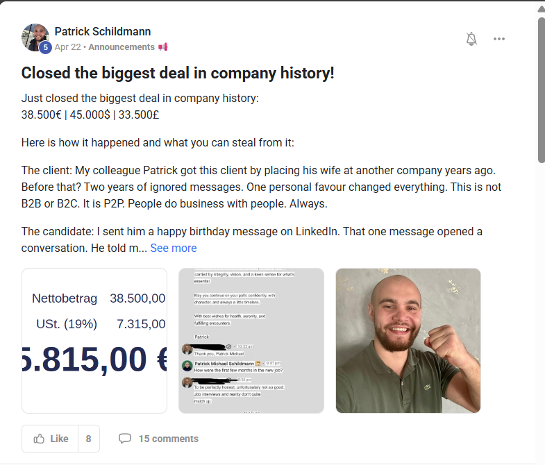 Patrick Schildmann: closed the biggest deal in company history, 38,500 euros